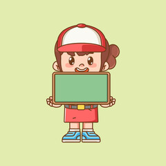 Cute girl Indonesian student elementary school hold board kawaii chibi character mascot illustration
