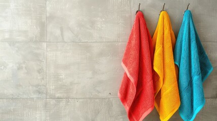 Naklejka premium Vibrant towels on hook against neutral wall