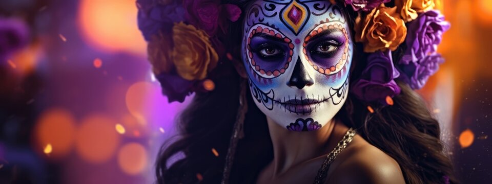Portrait of mexican woman with sugar skull makeup. Halloween Calavera Catrina costume. Day of the dead. Dia de los muertos. Traditional Mexican carnival, Santa Muerte concept