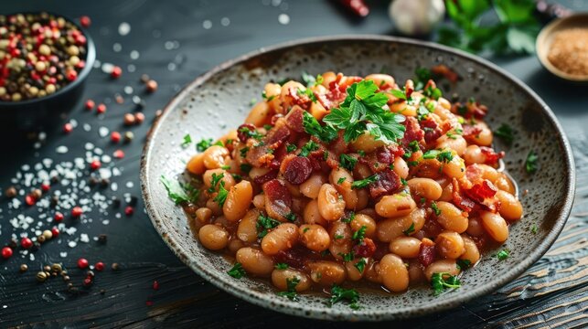 araffy dish of beans and bacon with parsley on a plate