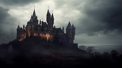 Fototapeta premium Foreboding Gothic Castle, Darkly Lit, Silhouette, Moody Ambience, generative AI