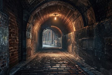 A dark brick tunnel with a light source at the end, often used for dramatic or eerie scenes
