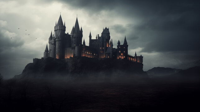 Foreboding Gothic Castle, Darkly Lit, Silhouette, Moody Ambience, generative AI