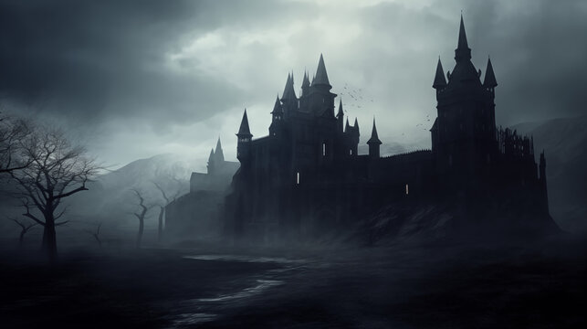 Foreboding Gothic Castle, Darkly Lit, Silhouette, Moody Ambience, generative AI