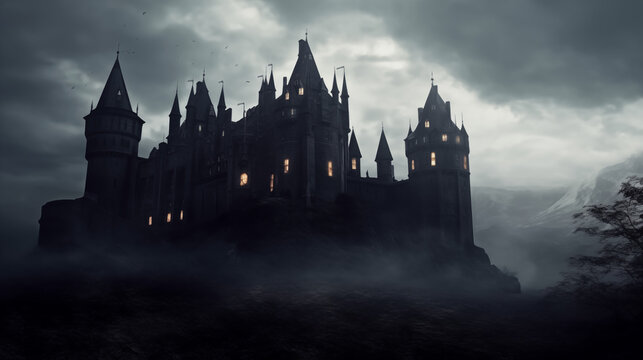 Foreboding Gothic Castle, Darkly Lit, Silhouette, Moody Ambience, generative AI