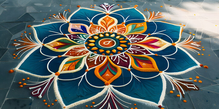 Desenho intricado de rangoli hindu durante o Diwali