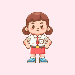 Cute girl Indonesian student elementary school standing pose kawaii chibi character mascot illustration