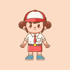 Cute girl Indonesian student elementary school standing kawaii chibi character mascot illustration