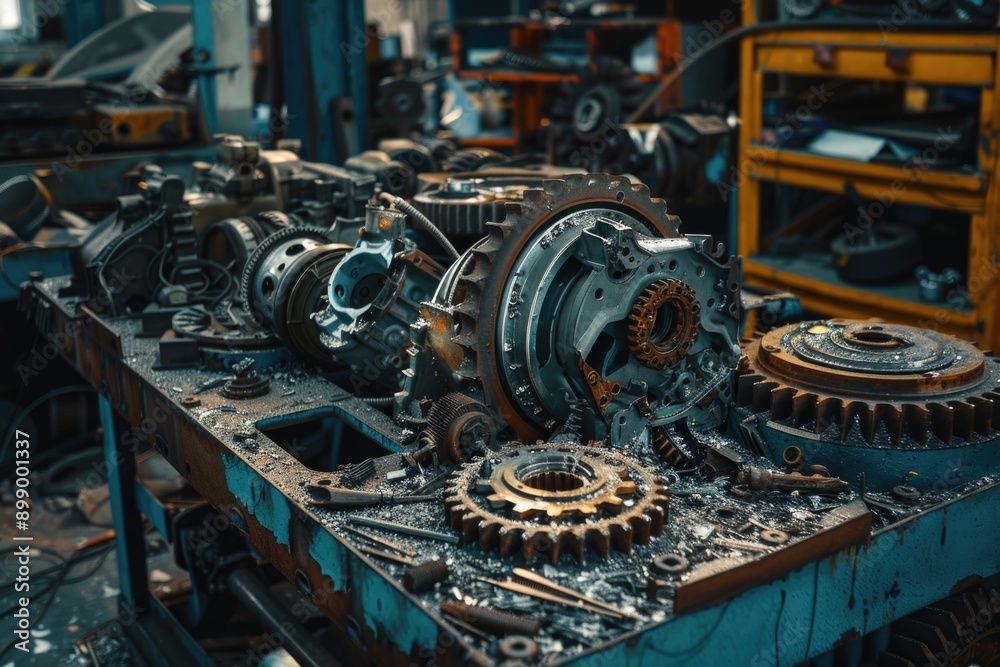 Poster A collection of gears arranged neatly on a flat surface, suitable for use in illustrations and designs related to mechanics, technology, or innovation