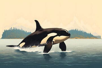 Obraz premium vintage style illustrated orca, illustrated vintage style orca swimming