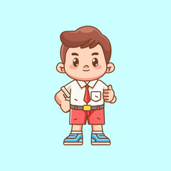 Cute boy Indonesian student elementary school thumbs up kawaii chibi character mascot illustration