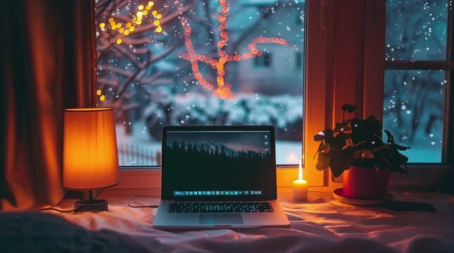 Laptop placed by a window with a view of a serene winter night landscape, creating a peaceful and inspiring workspace
  Seamless looping 4k time-lapse virtual video animation Generated AI