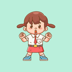 Cute girl Indonesian student elementary school cheer shout kawaii chibi character mascot illustration