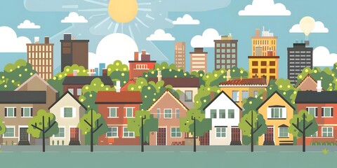 Illustrated Cityscape with Buildings and Trees