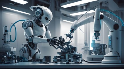 Futuristic AI-Powered Robot in a High-Tech Lab