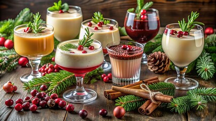 Festive holiday bar setup featuring various specialty Christmas cocktails, including spiced eggnog, mulled wine, peppermint martinis, and champagne, garnished with cranberries and evergreen sprigs.