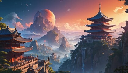 Fototapeta premium Ancient Temple in a Misty Mountain Landscape.