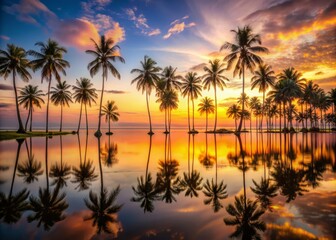 Obraz premium Vibrant tropical palm trees stand tall in a warm sunset glow, their slender silhouettes reflected in calm waters, creating a serene and idyllic atmosphere.