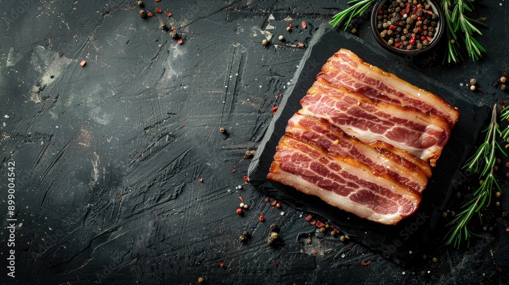 Sticker Smoked bacon slice on rustic background top view with copy space