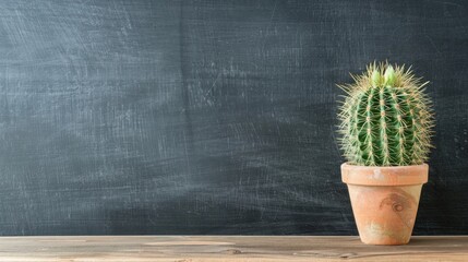 Cactus on wooden table in front of blank blackboard
