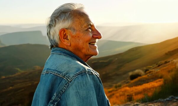 Environmental portrait video of a pleased elderly 100 years old man wearing a denim jacket against a panoramic landscape background