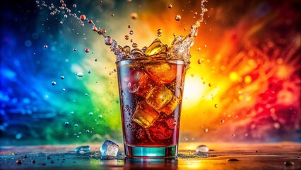Vibrant colorful background showcases refreshing carbonated soda drink with fizz bubbles, ice cubes, and water splashes, perfect for a hot spring or summer day.
