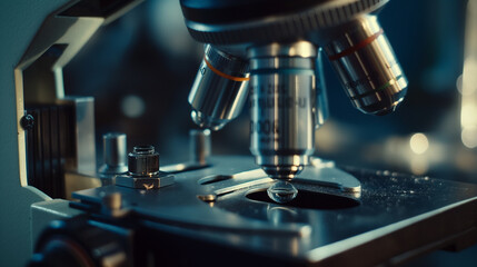Close-Up View of a Microscope Lens With a Sample on the Stage