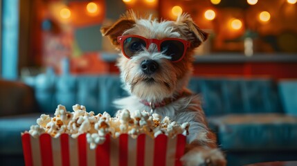 Funny dog is wearing 3d glasses and eating popcorn from a striped box while watching tv