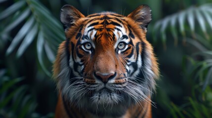 Fototapeta premium Majestic sumatran tiger posing in a lush jungle, its intense gaze captivating the viewer