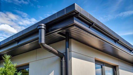 Fototapeta premium Sleek black roof gutter and downpipe system seamlessly integrates into modern home's angular architecture, accentuating clean lines and minimalist design aesthetic.