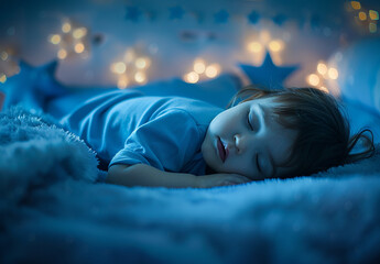 Photo portrait of Peaceful Child Sleeping Under a Starry Night Light