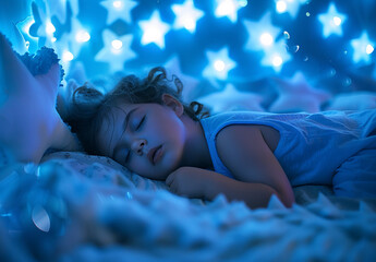Photo portrait of Peaceful Child Sleeping Under a Starry Night Light