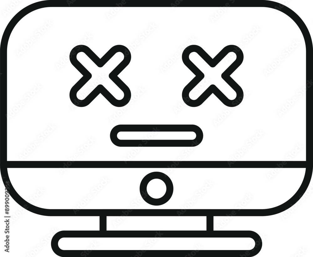 Poster line art icon of a computer displaying a cross eyed face with xs for eyes, conveying a sense of malf