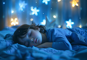 Photo portrait of Peaceful Child Sleeping Under a Starry Night Light