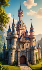 Obraz premium Majestic fairytale castle with blue sky and clouds.