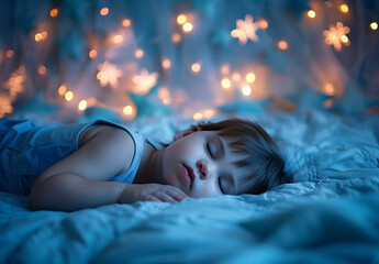 Photo portrait of Peaceful Child Sleeping Under a Starry Night Light