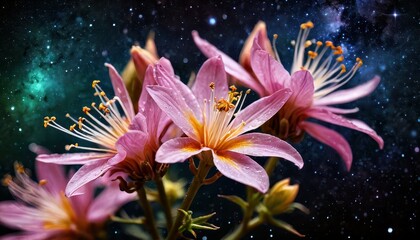 Pink Flower Blooming Against a Cosmic Background.