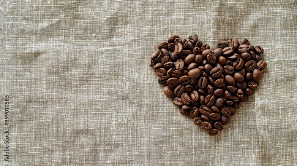 Wall mural Coffee Bean Heart on Beige Fabric Background