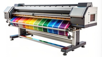 Modern large format printer machine with colour samples isolated on transparent background, showcasing vibrant ink colours and precise printing capabilities.