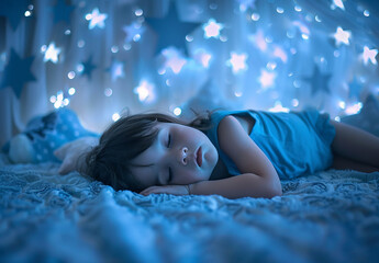 Photo portrait of Peaceful Child Sleeping Under a Starry Night Light