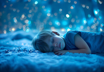 Photo portrait of Peaceful Child Sleeping Under a Starry Night Light