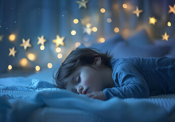 Photo portrait of Peaceful Child Sleeping Under a Starry Night Light