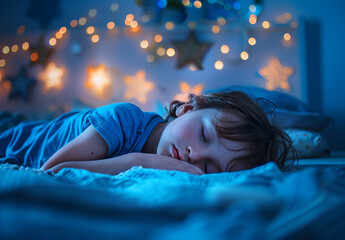 Photo portrait of Peaceful Child Sleeping Under a Starry Night Light