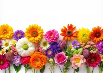 Obraz premium Vibrant colorful flowers of different species arranged in a horizontal row, creating a beautiful border around a clean white space for text or title.
