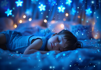 Photo portrait of Peaceful Child Sleeping Under a Starry Night Light