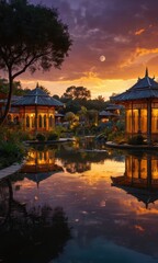 Obraz premium Tranquil Sunset Reflection in a Serene Garden Pond.