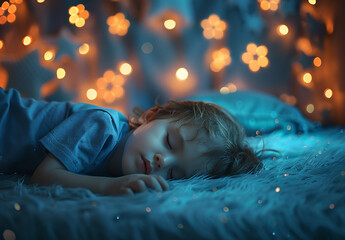 Photo portrait of Peaceful Child Sleeping Under a Starry Night Light
