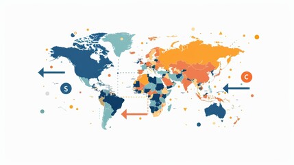 Obraz premium World map backdrop with directional arrows towards continents, showcasing international currencies, market diversity, and cultural symbols