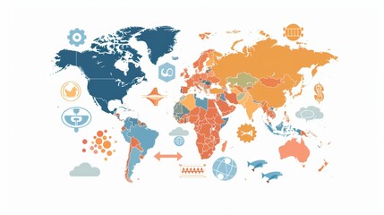 Naklejka premium World map with directional arrows to continents, incorporating symbols of international currencies, diverse markets, and cultural details