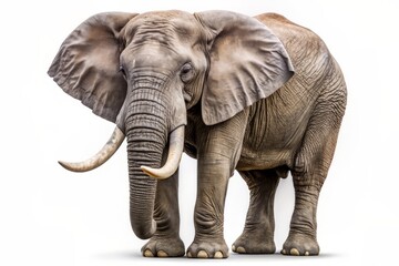 Majestic elephant with wrinkled gray skin and curved tusks stands proudly alone on a pure white background, its ears and trunk elegantly splayed outward.